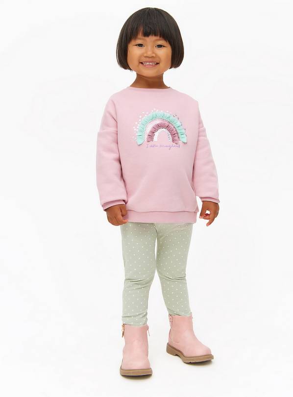 Pink Rainbow Embroidered Sweatshirt & Green Spot Print Leggings Set 1-2 years